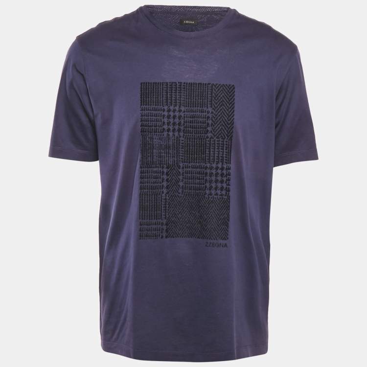 Pre Owned Z Zegna Blue Velvet Flocked Jersey T-Shirt L