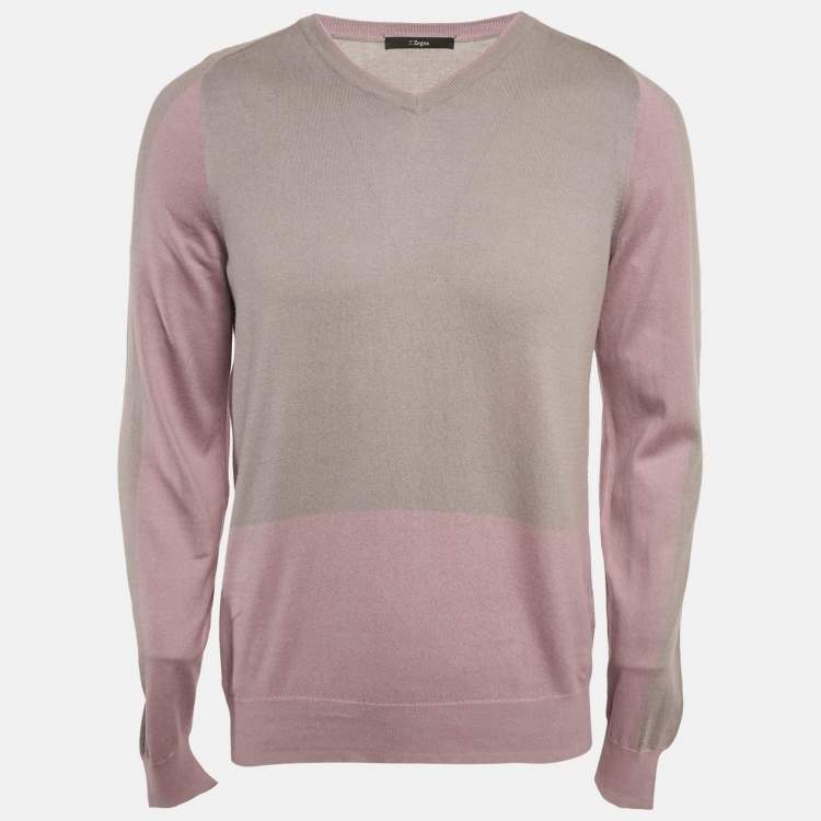 Pre Owned Z Zegna Purple/Grey Cotton Knit Crewneck Sweatshirt L