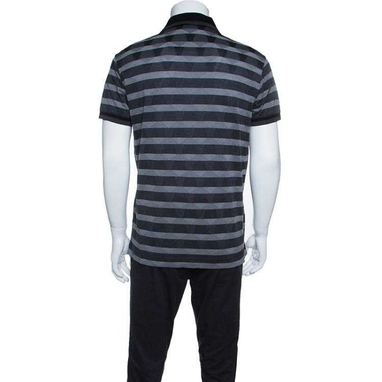 Pre Owned Z Zegna Grey Striped Knit Geometric Pattern Short Sleeve Polo T-Shirt L