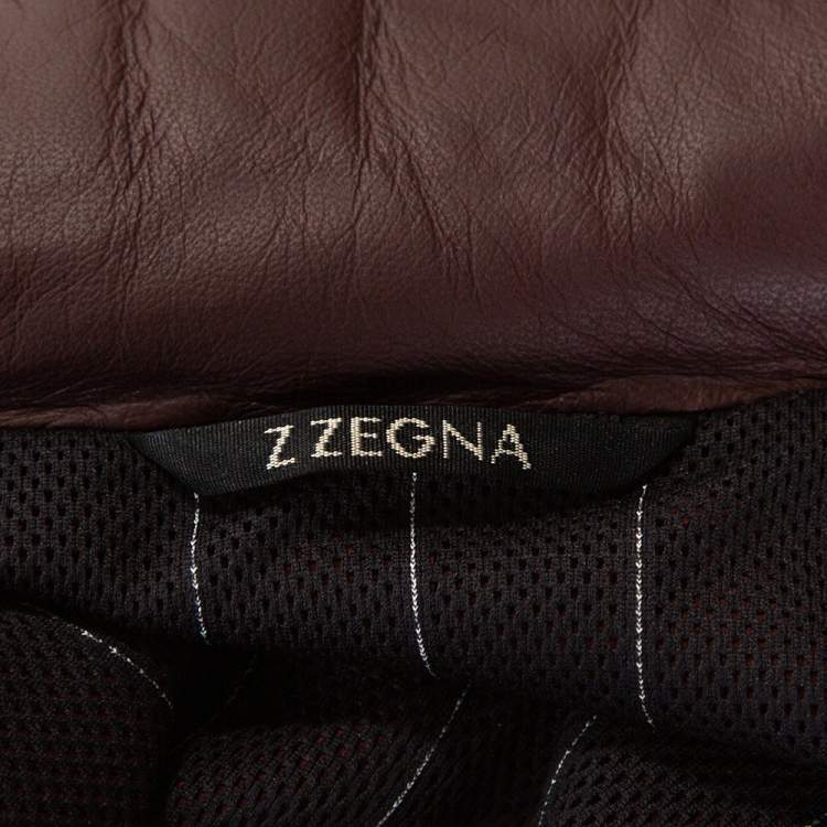 Pre Owned Z Zegna Maroon Leather Hood Detail Zip Front Jacket M