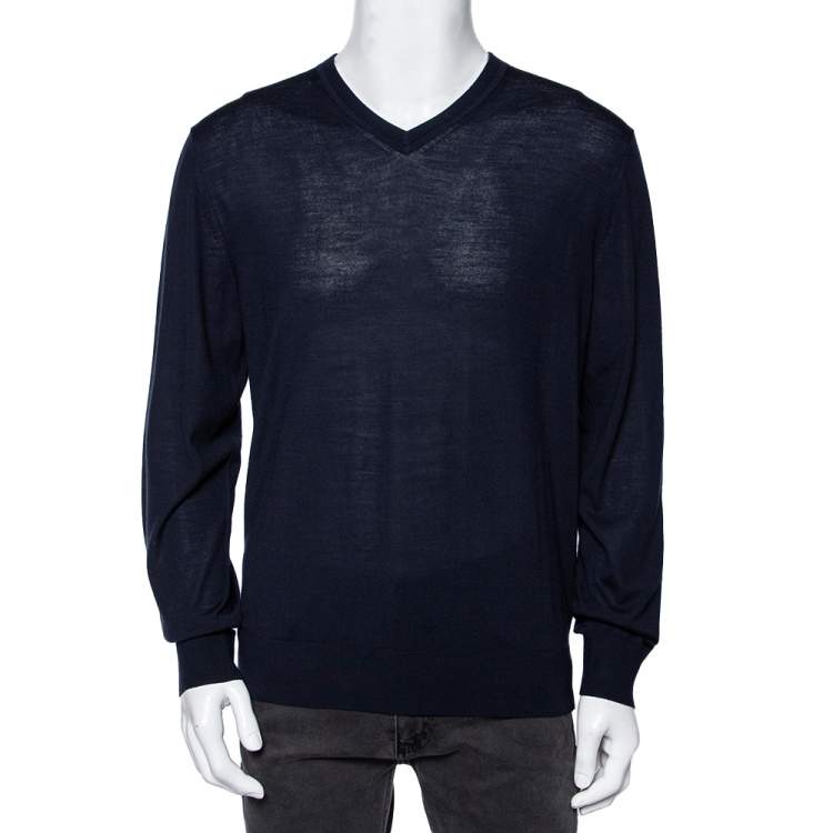 Pre Owned Z Zegna Navy Blue Wool V-Neck Long Sleeve Jumper L