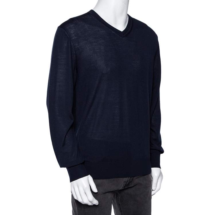 Pre Owned Z Zegna Navy Blue Wool V-Neck Long Sleeve Jumper L