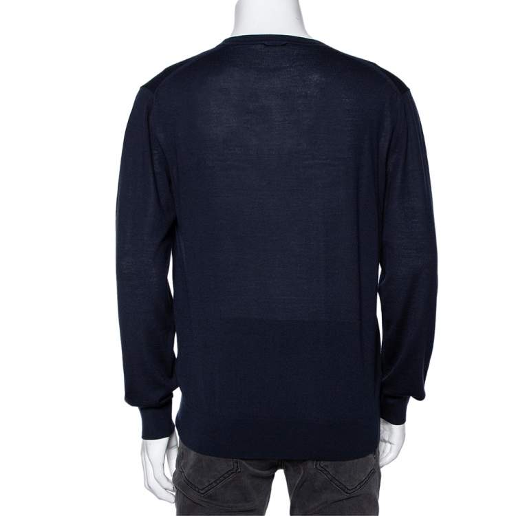 Pre Owned Z Zegna Navy Blue Wool V-Neck Long Sleeve Jumper L