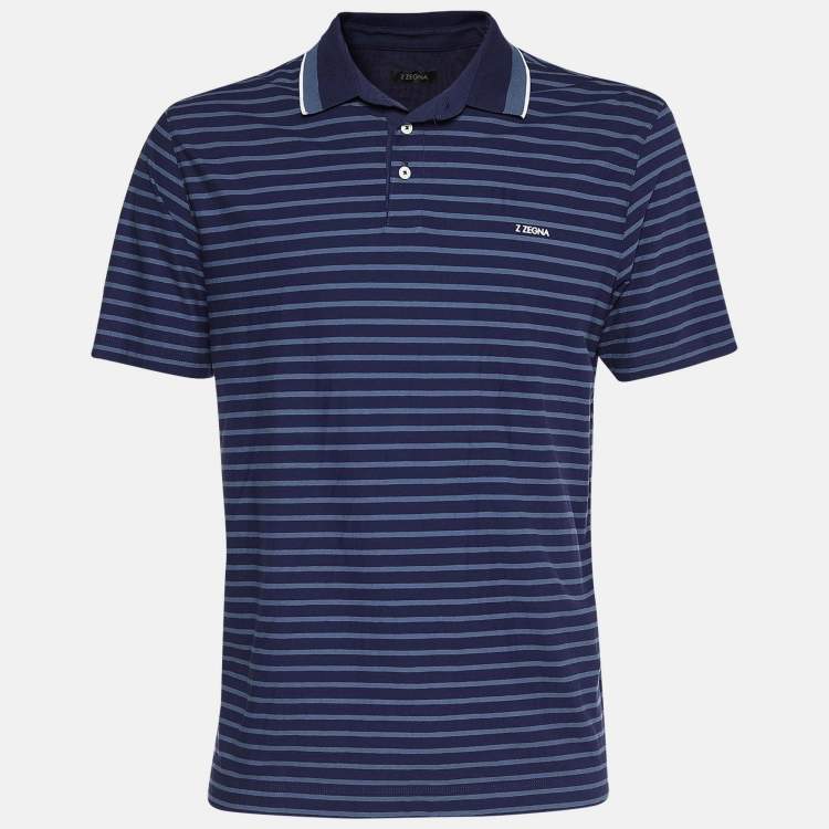 Pre Owned Z Zegna Blue Stripped Cotton Polo T-Shirt XL