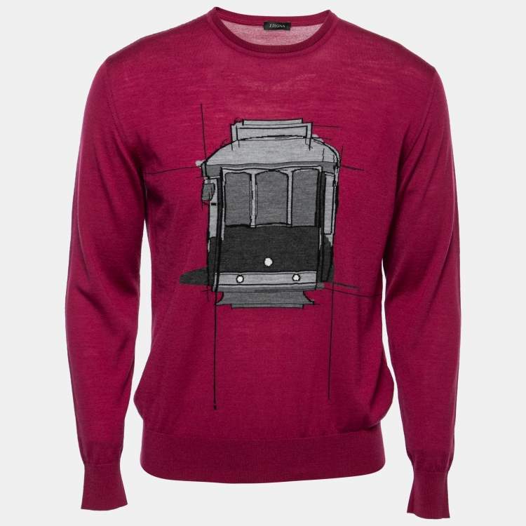 Pre Owned Z Zegna Purple Train Print Wool Crewneck Sweater M