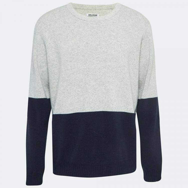 Pre Owned Zadig & Voltaire Grey/Navy Blue Wool Crew Neck Rod Jumper M