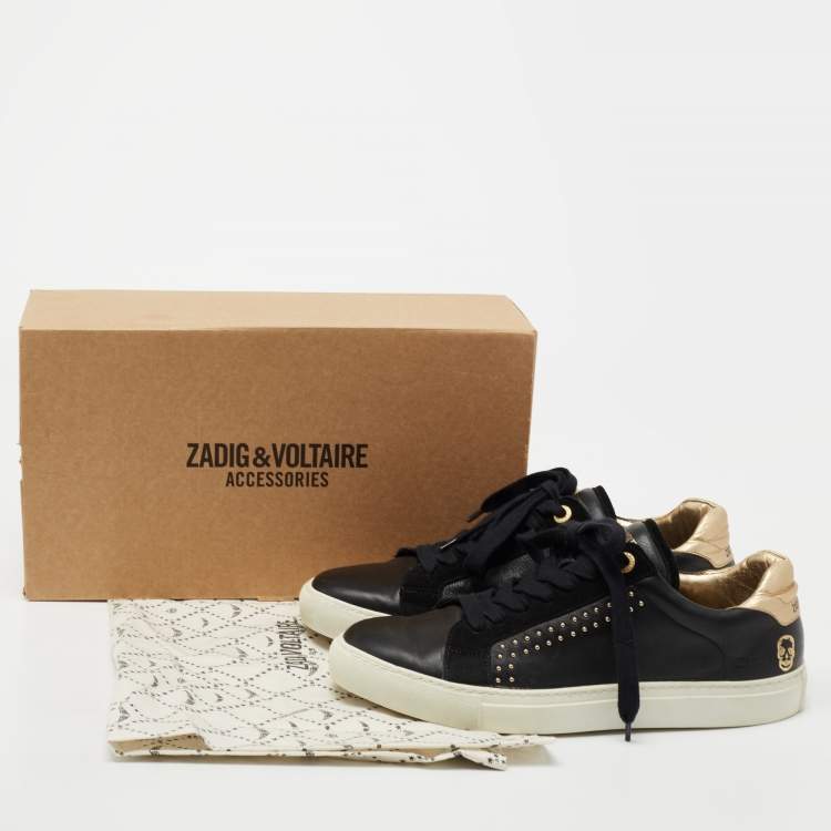 Pre Owned Zadig and Voltaire Black Leather And Suede Studded Lace Up Sneakers Size 40
