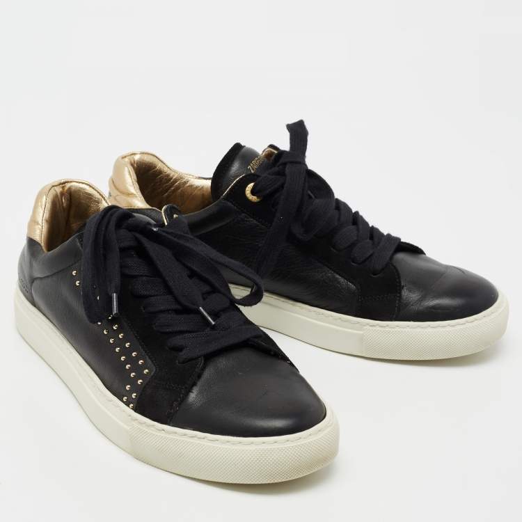 Pre Owned Zadig and Voltaire Black Leather And Suede Studded Lace Up Sneakers Size 40