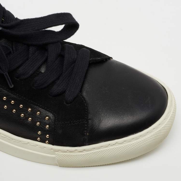 Pre Owned Zadig and Voltaire Black Leather And Suede Studded Lace Up Sneakers Size 40