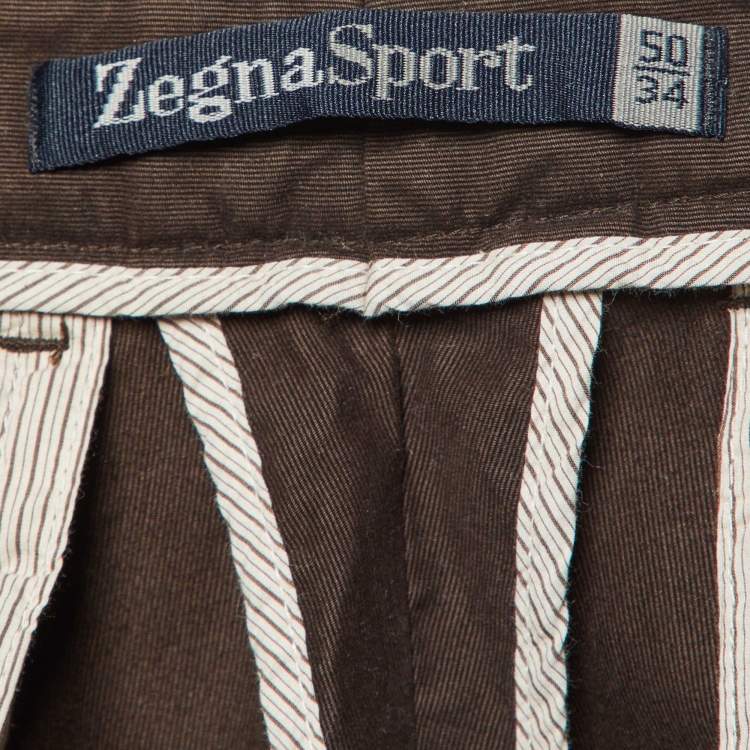 Pre Owned Zegna Sport Brown Cotton Regular Fit Pants L/Waist 34"
