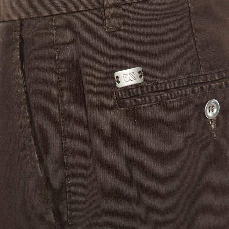 Pre Owned Zegna Sport Brown Cotton Regular Fit Pants L/Waist 34"