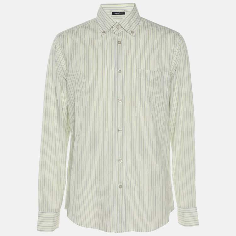 Pre Owned Zegna Sport Green/Grey Stripe Cotton Long Sleeve Shirt M