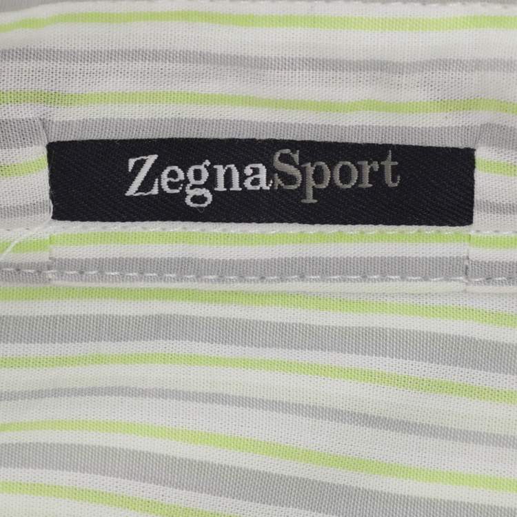 Pre Owned Zegna Sport Green/Grey Stripe Cotton Long Sleeve Shirt M