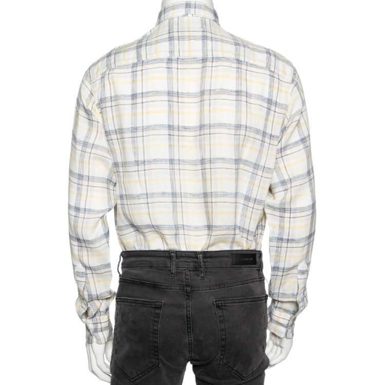 Pre Owned Zegna Sport Off-White Checked Linen Button Front Shirt M