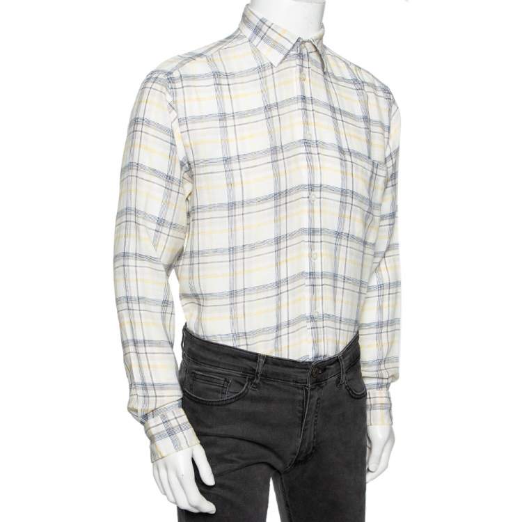 Pre Owned Zegna Sport Off-White Checked Linen Button Front Shirt M
