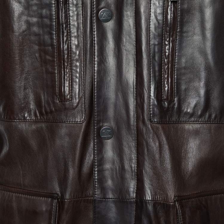 Pre Owned Zegna Sport Brown Leather Zip Front Jacket XL