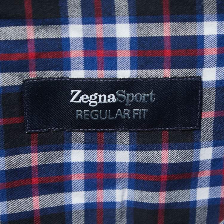 Pre Owned Zegna Sport Navy Blue Checked Regular Fit Full Sleeve Shirt L