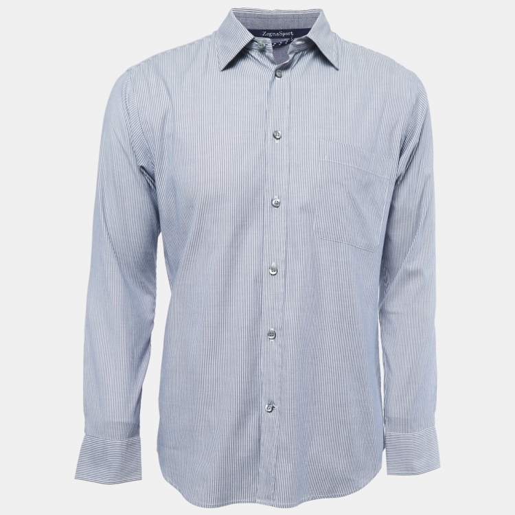 Pre Owned Zegna Sport Navy Blue Striped Cotton Long Sleeve Shirt M