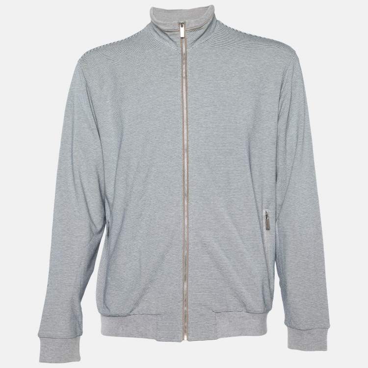 Pre Owned Zegna Sport Grey Striped Cotton Knit Zip Front Jacket XL