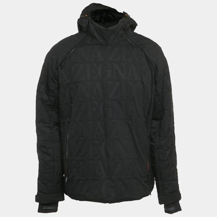 مملوكة مسبقًا Zegna Black All Over Logo Pattern Synthetic Zip Up Jacket L