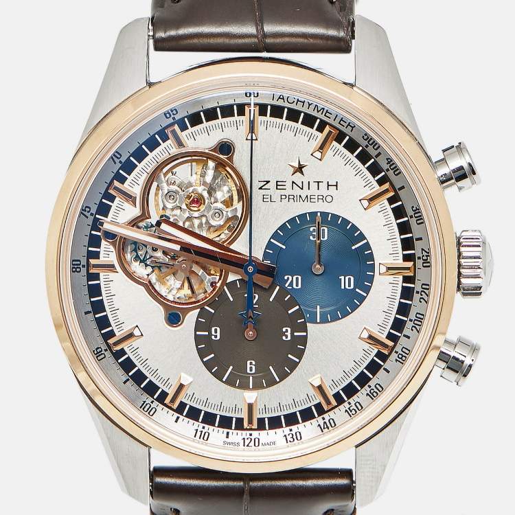 Pre Owned Zenith EL Primero Open 51.2080.4061/69.C494 Silver Dial 18K Rose Gold Stainless Steel Alligator Leather Men's Wristwatch 42 mm
