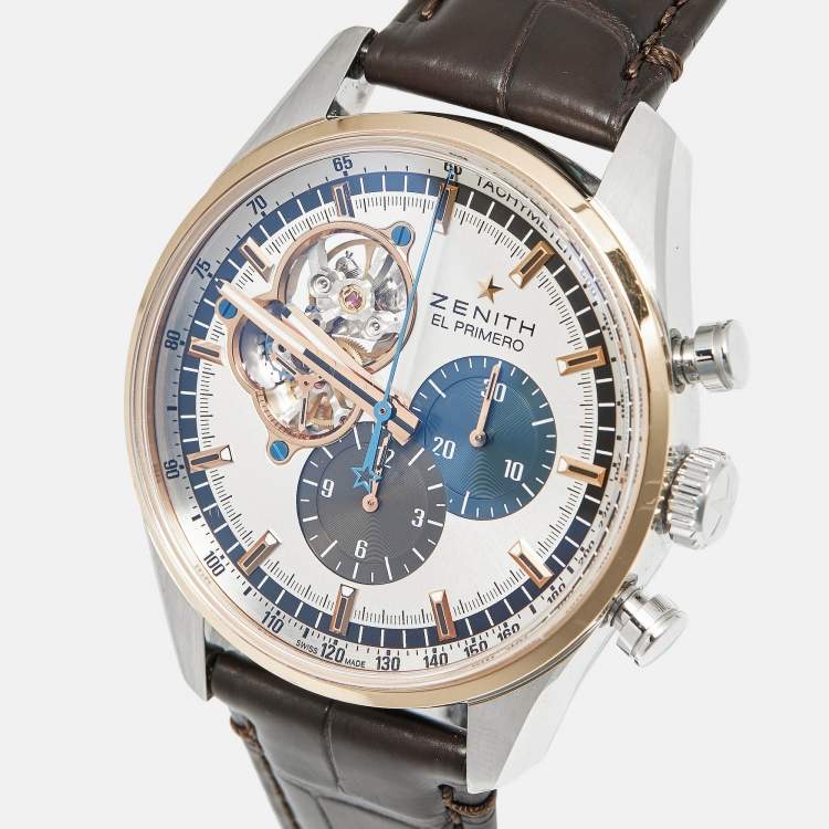 Pre Owned Zenith EL Primero Open 51.2080.4061/69.C494 Silver Dial 18K Rose Gold Stainless Steel Alligator Leather Men's Wristwatch 42 mm