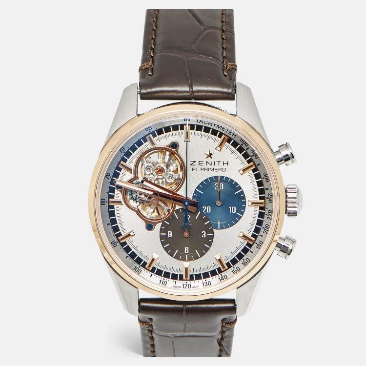 Pre Owned Zenith EL Primero Open 51.2080.4061/69.C494 Silver Dial 18K Rose Gold Stainless Steel Alligator Leather Men's Wristwatch 42 mm