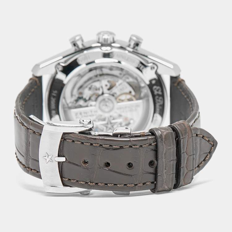 Pre Owned Zenith EL Primero Open 51.2080.4061/69.C494 Silver Dial 18K Rose Gold Stainless Steel Alligator Leather Men's Wristwatch 42 mm