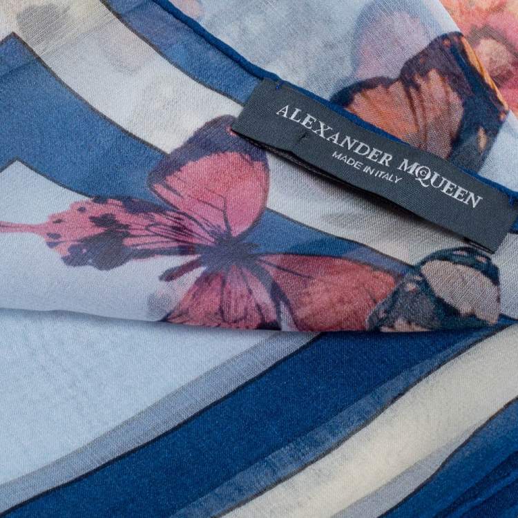 Pre Owned Alexander McQueen Blue Butterfly and Lion Print Silk Square Scarf