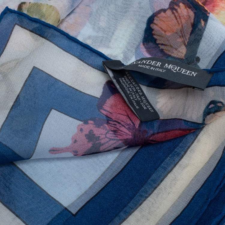 Pre Owned Alexander McQueen Blue Butterfly and Lion Print Silk Square Scarf