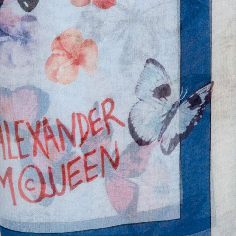Pre Owned Alexander McQueen Blue Butterfly and Lion Print Silk Square Scarf