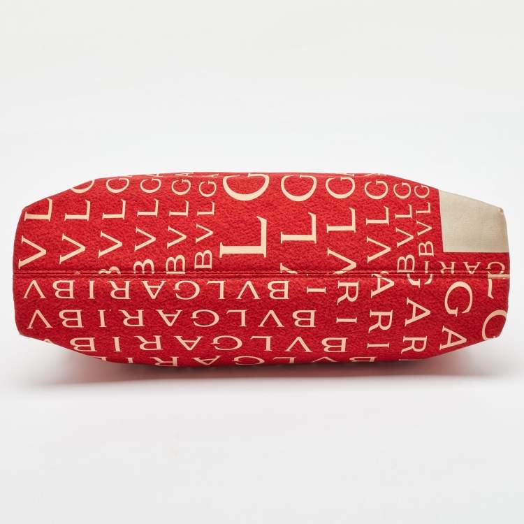 Pre Owned Bvlgari Red/Beige Logo Mania Fabric and Leather Baguette Bag