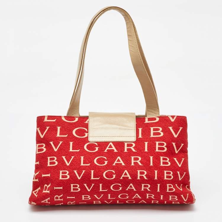 Pre Owned Bvlgari Red/Beige Logo Mania Fabric and Leather Baguette Bag
