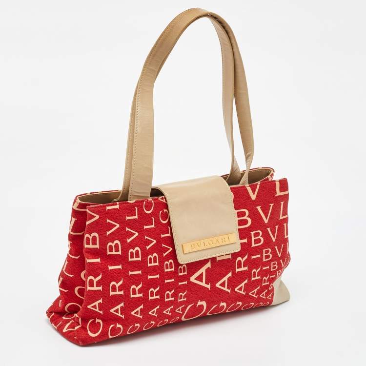 Pre Owned Bvlgari Red/Beige Logo Mania Fabric and Leather Baguette Bag