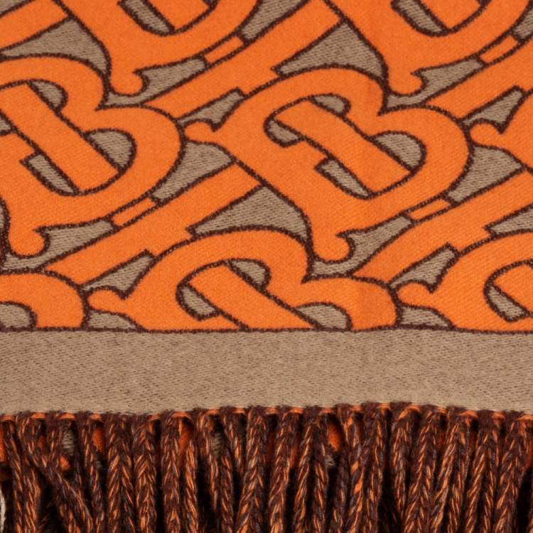 Pre Owned Burberry Orange & Beige TB Monogram Wool & Cashmere Fringed Throw 