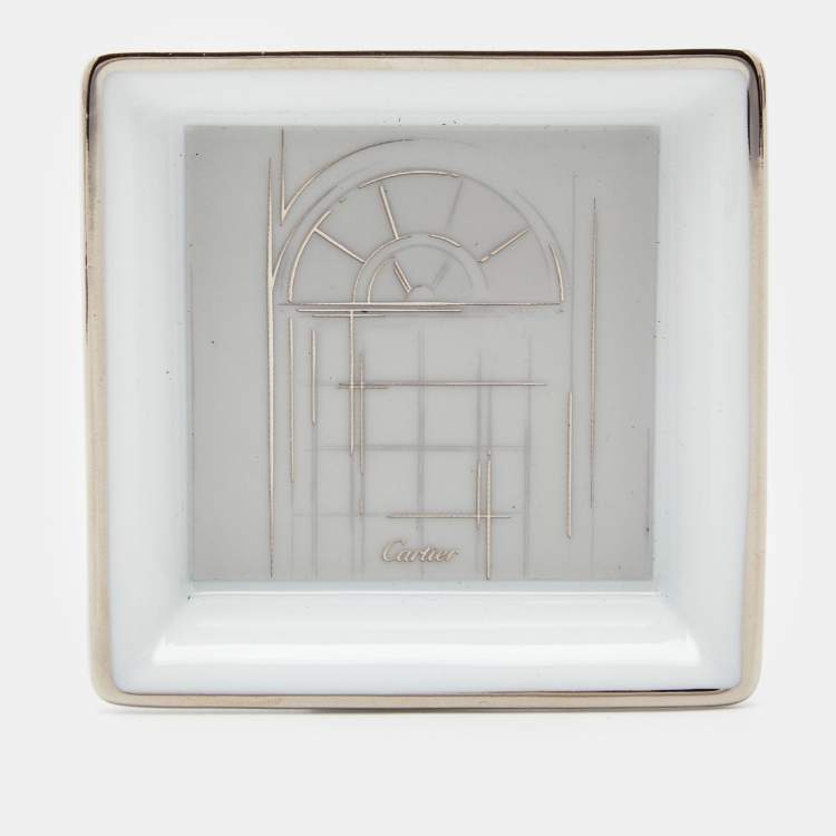 Pre Owned Cartier Porcelain Platinum Finish Window Print Mini Ashtray