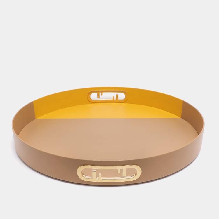 Pre Owned Fendi Beige/Yellow Leather O’Lock Round Tray