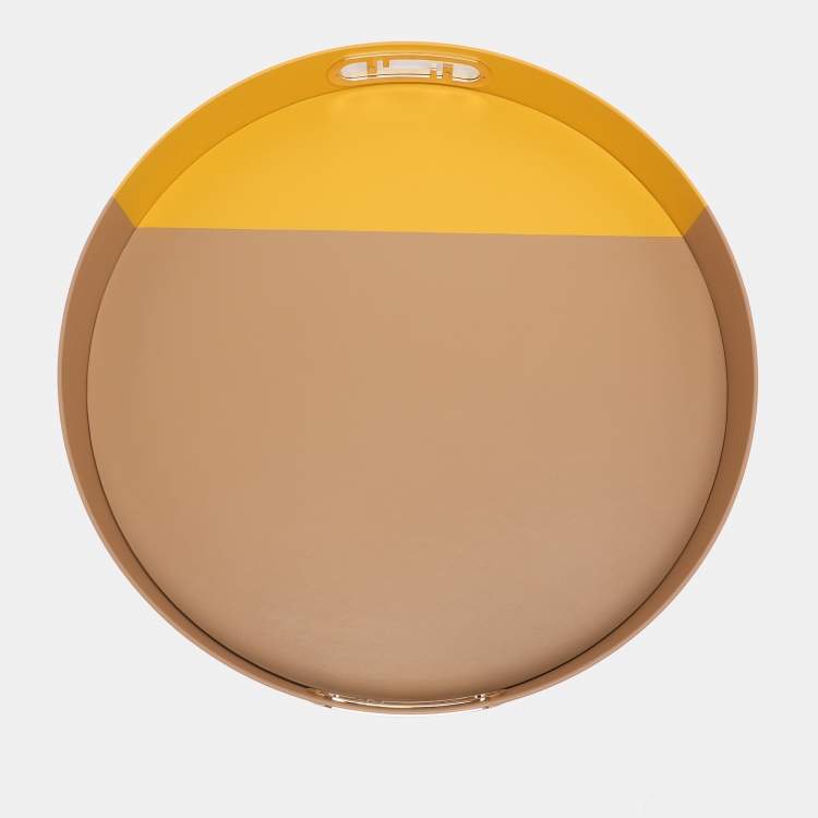 Pre Owned Fendi Beige/Yellow Leather O’Lock Round Tray