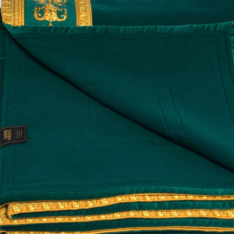 Pre Owned Gianni Versace Green & Yellow Medusa Pattern Wool Blanket