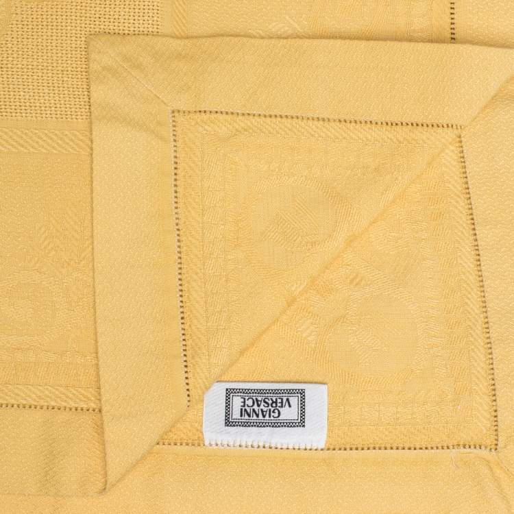 Pre Owned Gianni Versace Mustard Yellow Medusa Pattern 13 Pc Table Cloth & Napkin Set