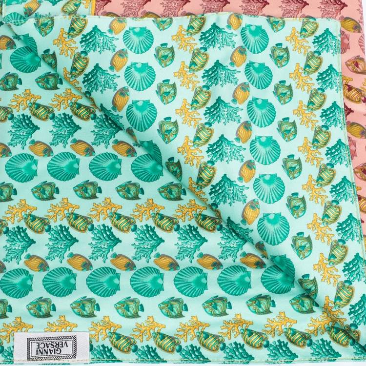 Pre Owned Gianni Versace Vintage Green Sea Life Print Placemat & Napkin Set 