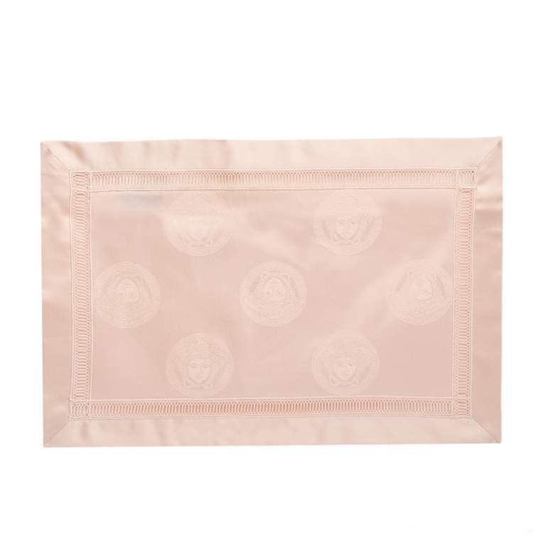 Pre Owned Gianni Versace Vintage Salmon Pink Medusa Pattern Placemat & Napkin Set