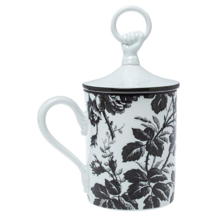 Pre Owned Gucci Black/White Herbarium Hand and Ring Mug 