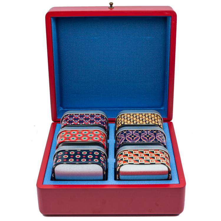 Pre Owned Gucci Red Wooden Storage Box With Metal Box Set Of 6