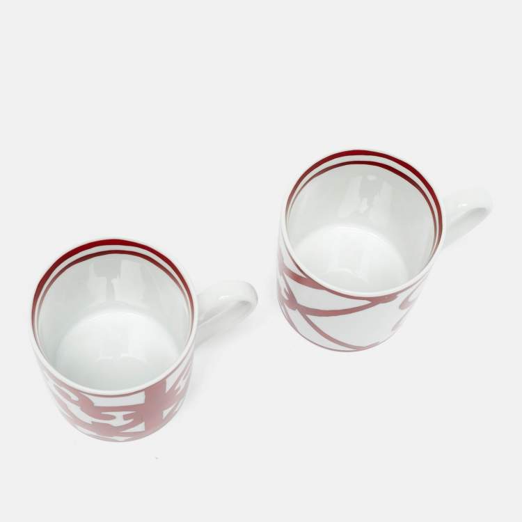 Pre Owned Hermès Red/White Porcelain Balcon du Guadalquivir Mugs Set of 2 