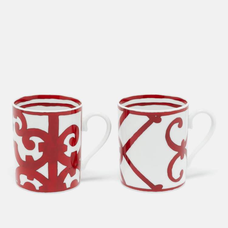 Pre Owned Hermès Red/White Porcelain Balcon du Guadalquivir Mugs Set of 2 