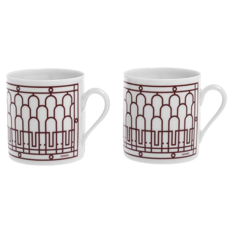 Pre Owned Hermes Rouge H Deco Coffee Cup And Saucer 4-Piece Set
