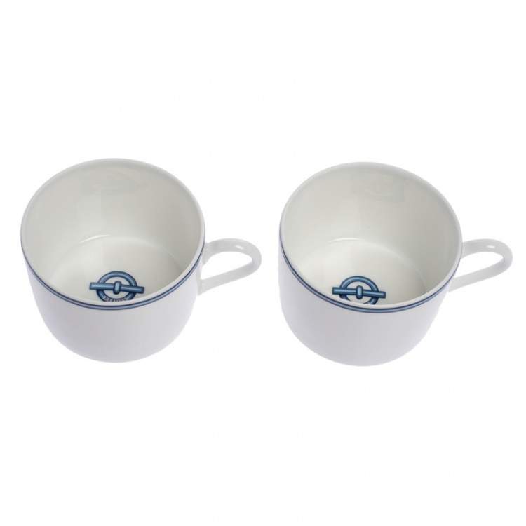 Pre Owned Hermes Blue Porcelain Chaine d'Ancre 4-Piece Tea Cup And Saucer Set