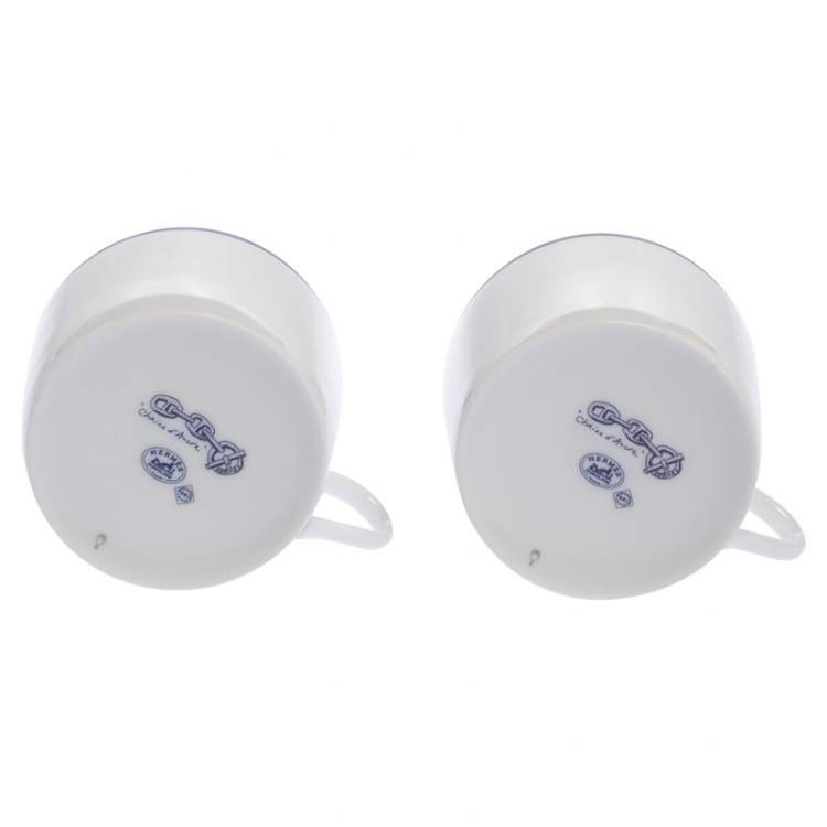 Pre Owned Hermes Blue Porcelain Chaine d'Ancre 4-Piece Tea Cup And Saucer Set