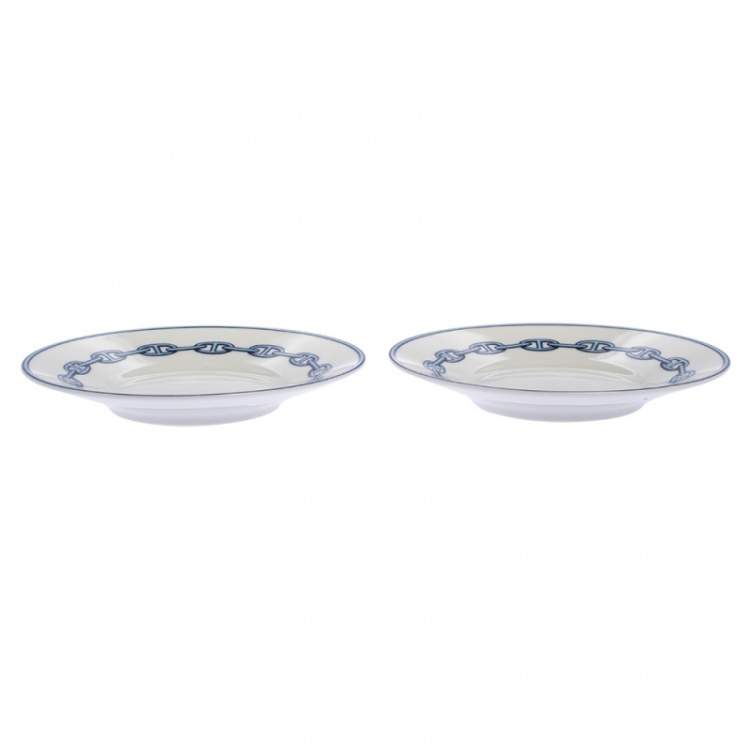 Pre Owned Hermes Blue Porcelain Chaine d'Ancre 4-Piece Tea Cup And Saucer Set